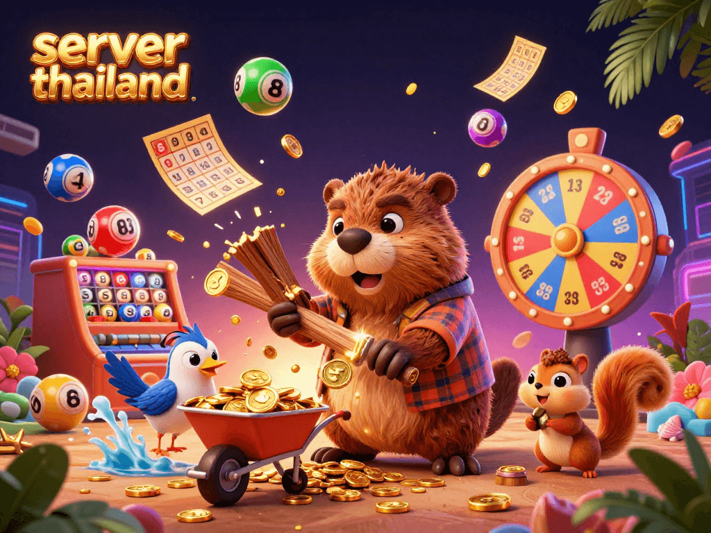 Engage in thrilling casino action with server thailand’s vibrant 3D cartoon illustration featuring a beaver, bird, and squirrel amidst dynamic lottery elements.