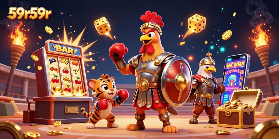 Slot de sucesso com 59r59r: um galo gladiador e um tigre cub em ação na arena.