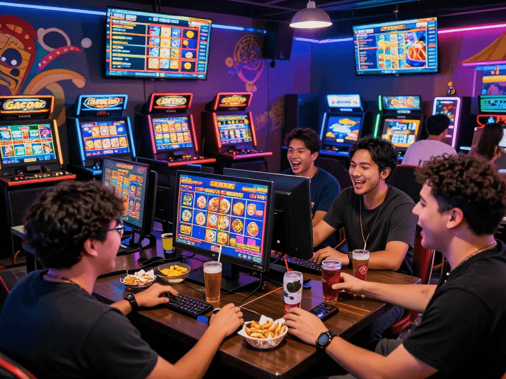 Pengalaman bermain slot gacor dengan pemain bersemangat dan mesin slot yang menyala penuh warna.
