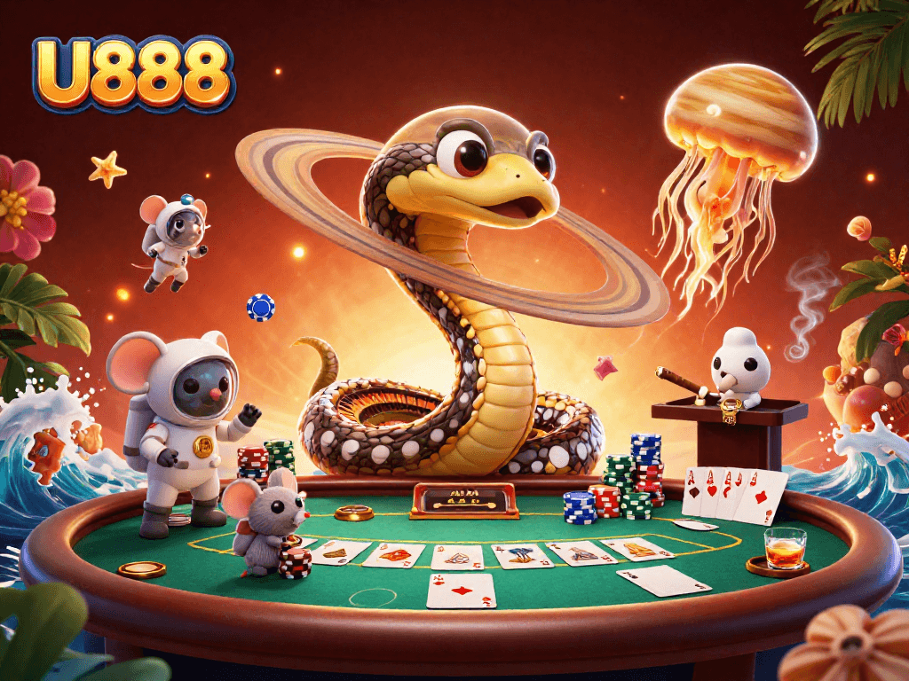 Experience thrilling bets at U888 with a cosmic dealer and poker excitement in a vibrant casino scene.
