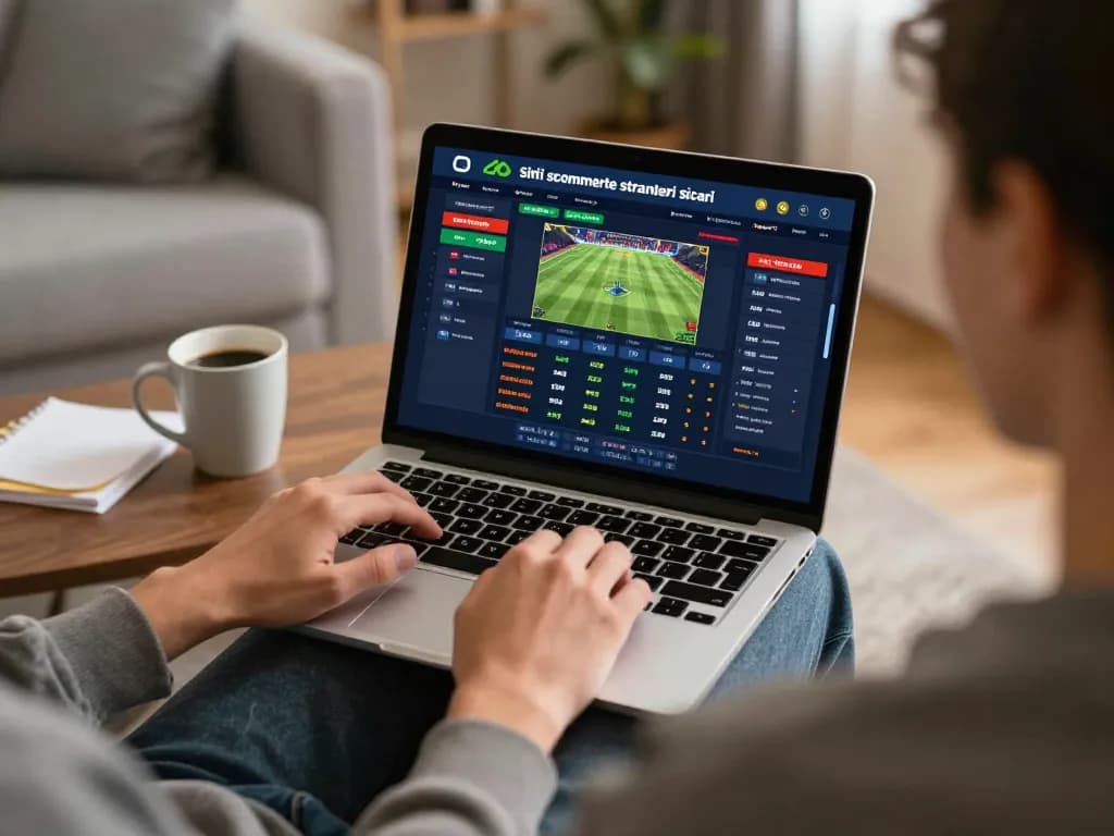 Engaged in online betting on siti scommesse stranieri sicuri with a laptop in a cozy home setting.