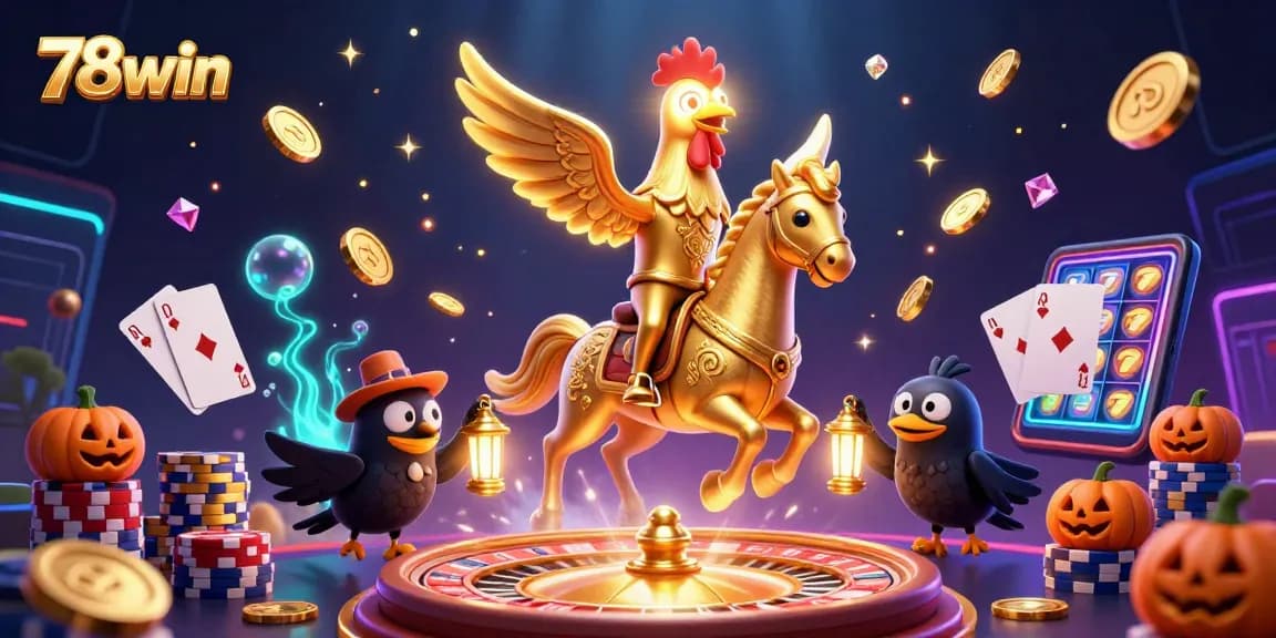Experience thrilling gameplay with 78win as the golden rooster navigates a vibrant casino, showcasing festive elements.