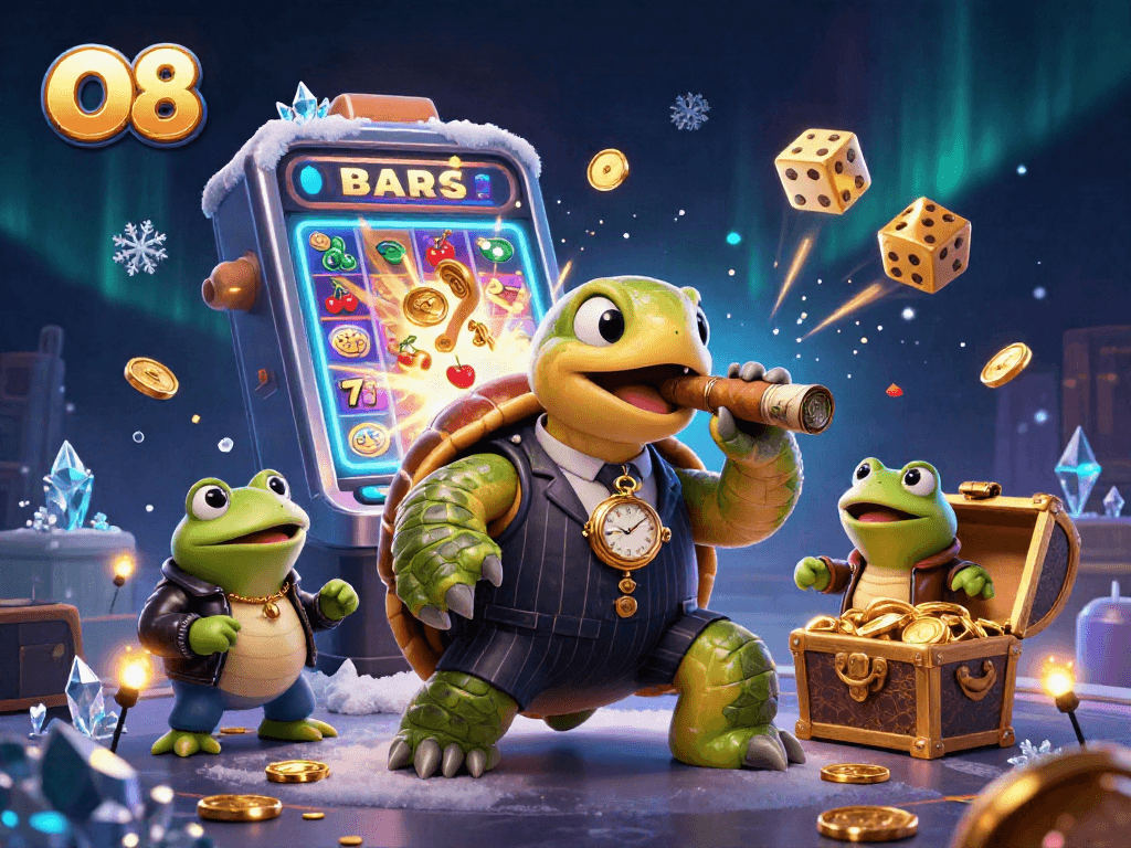 Experience O8's thrilling casino scene featuring a turtle mobster and bullfrog enforcers.