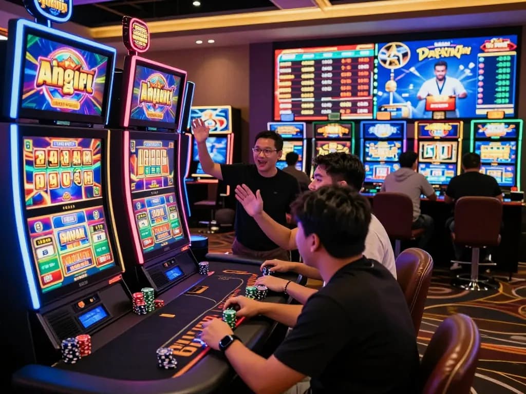 Suasana perjudian yang dinamis menampilkan pemain menikmati slot gacor hari ini di kasino online yang hidup.