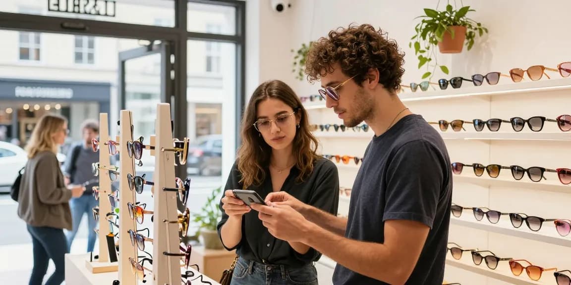Fashionable person trying on óculos de grau in a vibrant urban boutique with colorful eyewear.