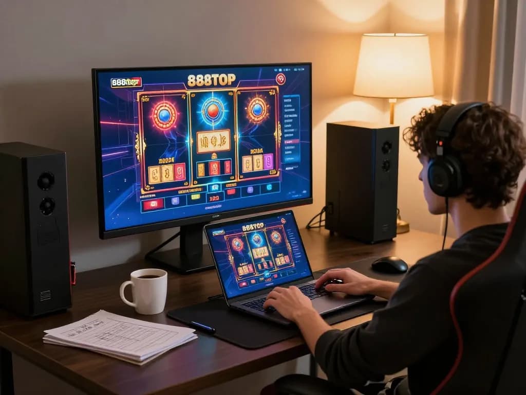 Play 888top casino slots on a modern gaming setup with warm ambiance for strategic gaming.