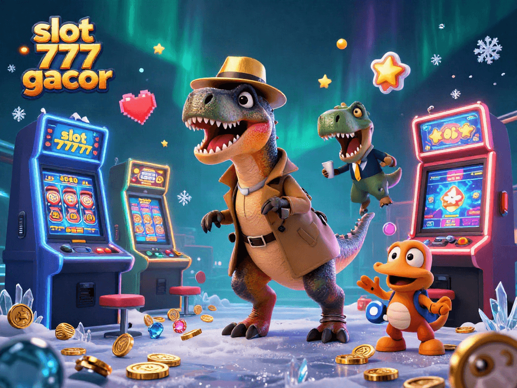 Engage with slot 777 gacor as a cartoon velociraptor plays, surrounded by gaming elements.