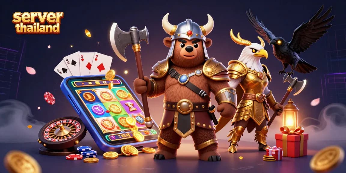 Experience the thrill of server thailand with a vibrant 3D scene of Viking characters and casino elements.