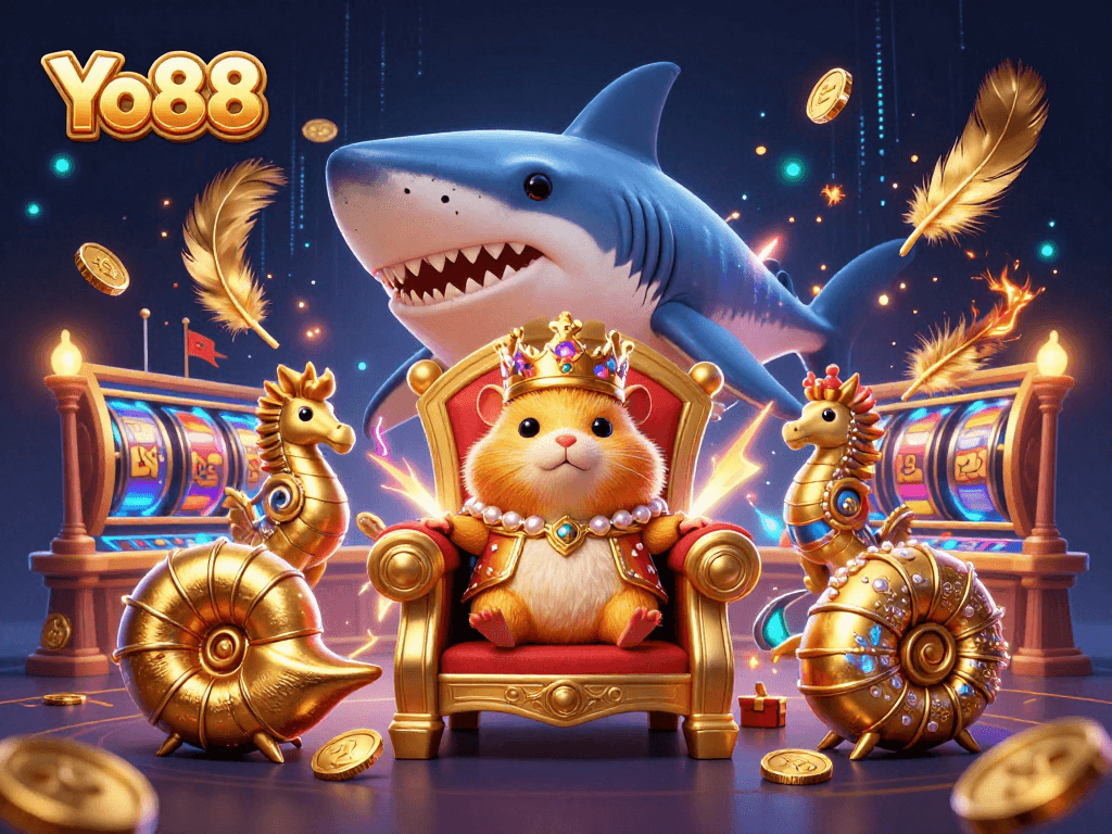 Engage with Yo88's thrilling gaming experience featuring golden hamster king in a vibrant casino scene.