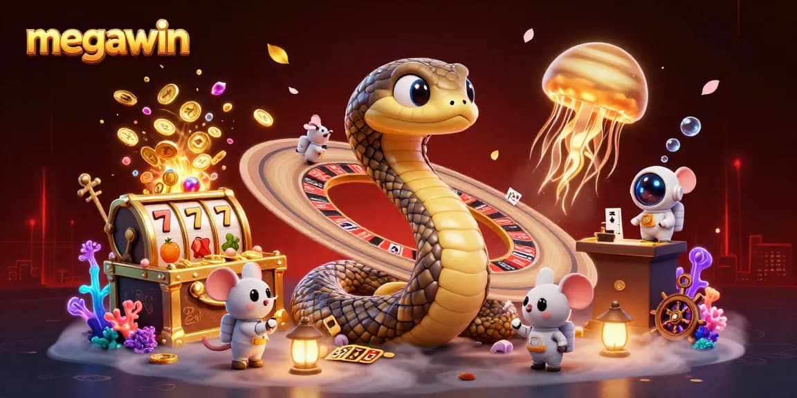 Experience a megawin with a cosmic casino scene featuring animated characters and gold treasures.