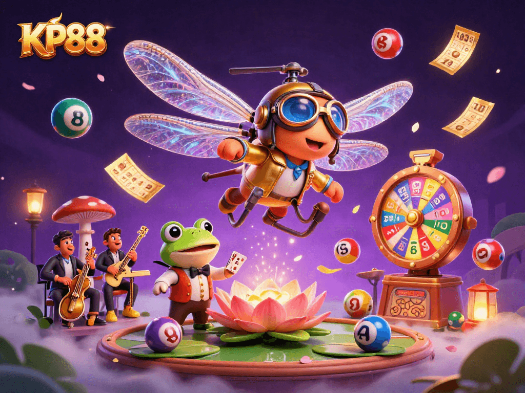Experience KP88 excitement with a vibrant gambling scene featuring animated characters and games.