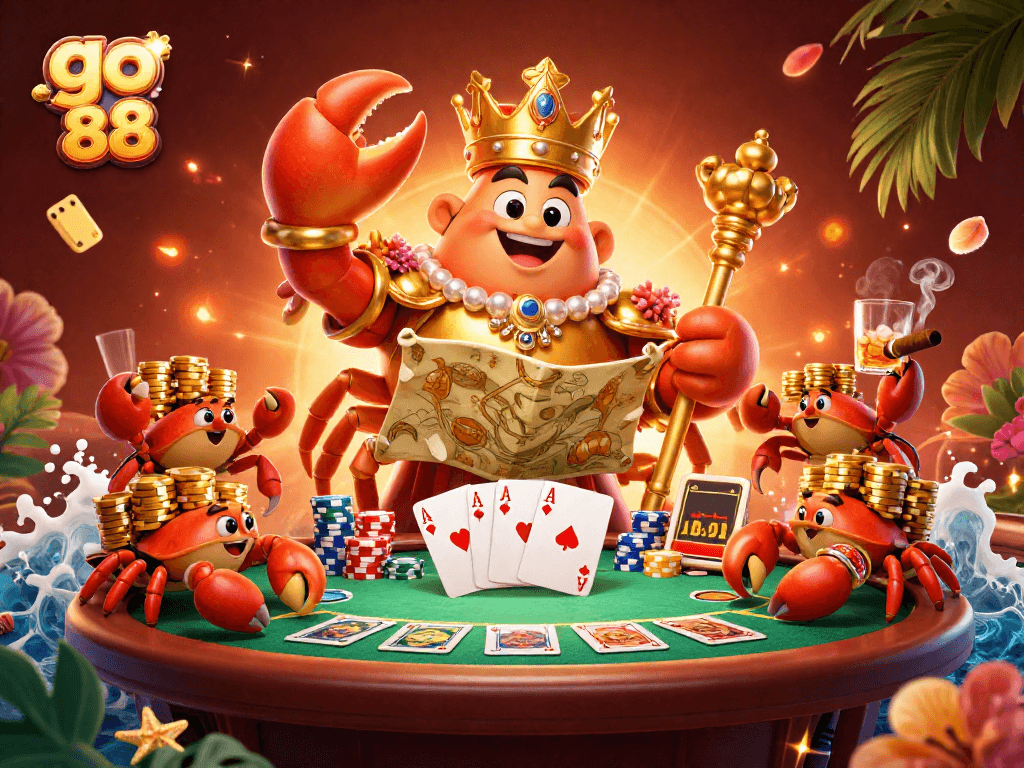 Experience excitement at go 88 with a vibrant cartoon illustration of a crab emperor amidst poker action.