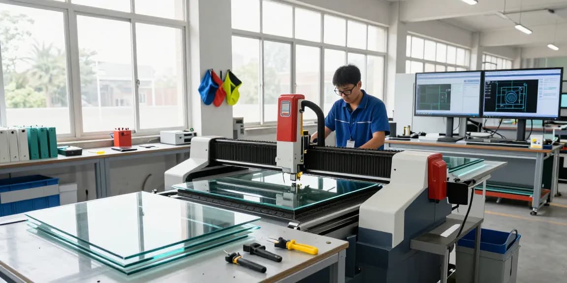 A technician operating a glass cutting machine in a bright workshop, showcasing advanced CNC technology and glass sheets.