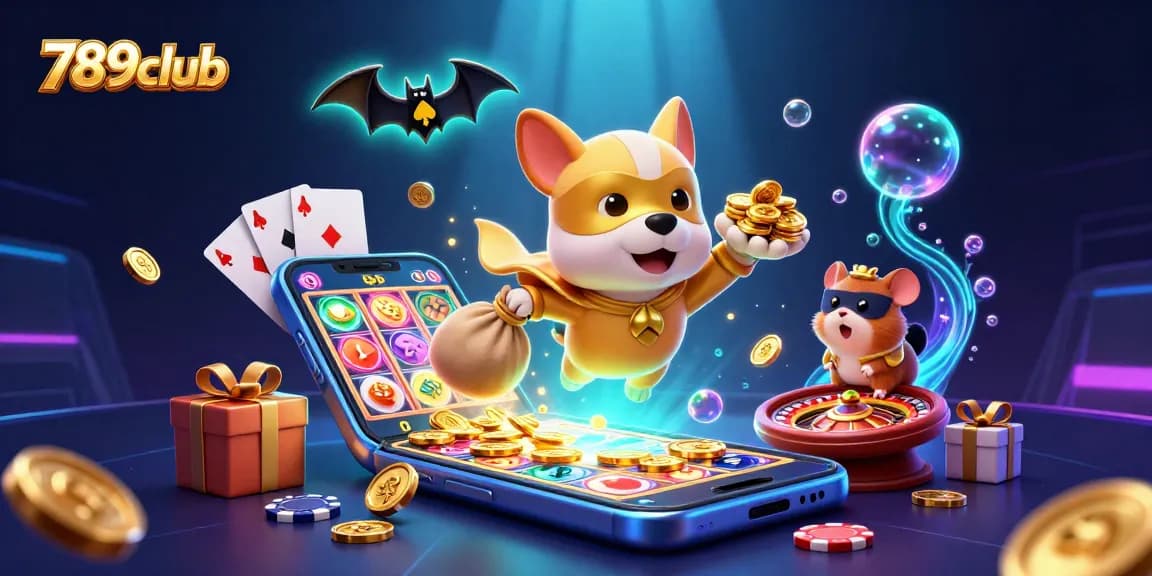 Experience the thrill of 789club with a superhero dog at an online casino, playful elements abound.