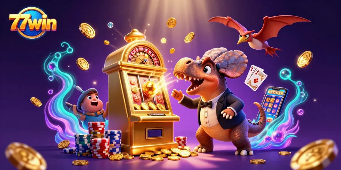 Experience exciting wins at 77win with vibrant 3D casino characters and dynamic slot machine action.