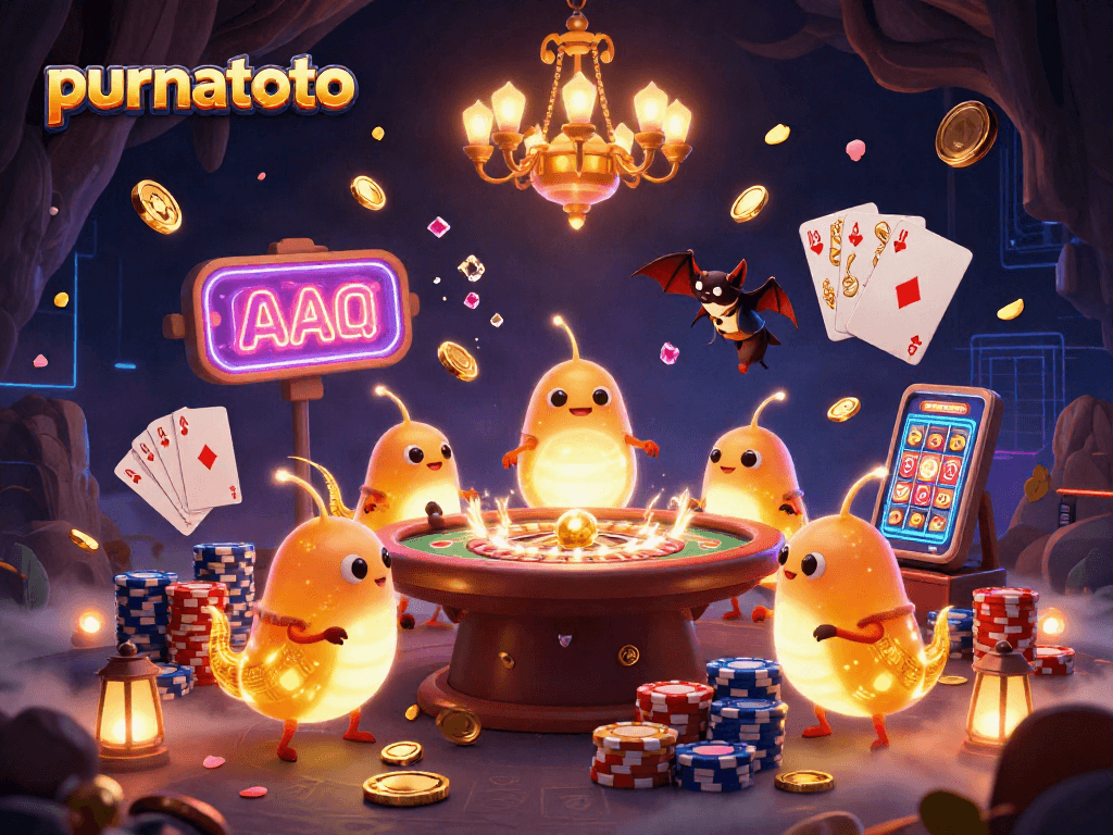 Purnatoto menampilkan suasana kasino dengan tim glowworm dan dealer kelelawar di tengah koin emas dan batu berkilau.