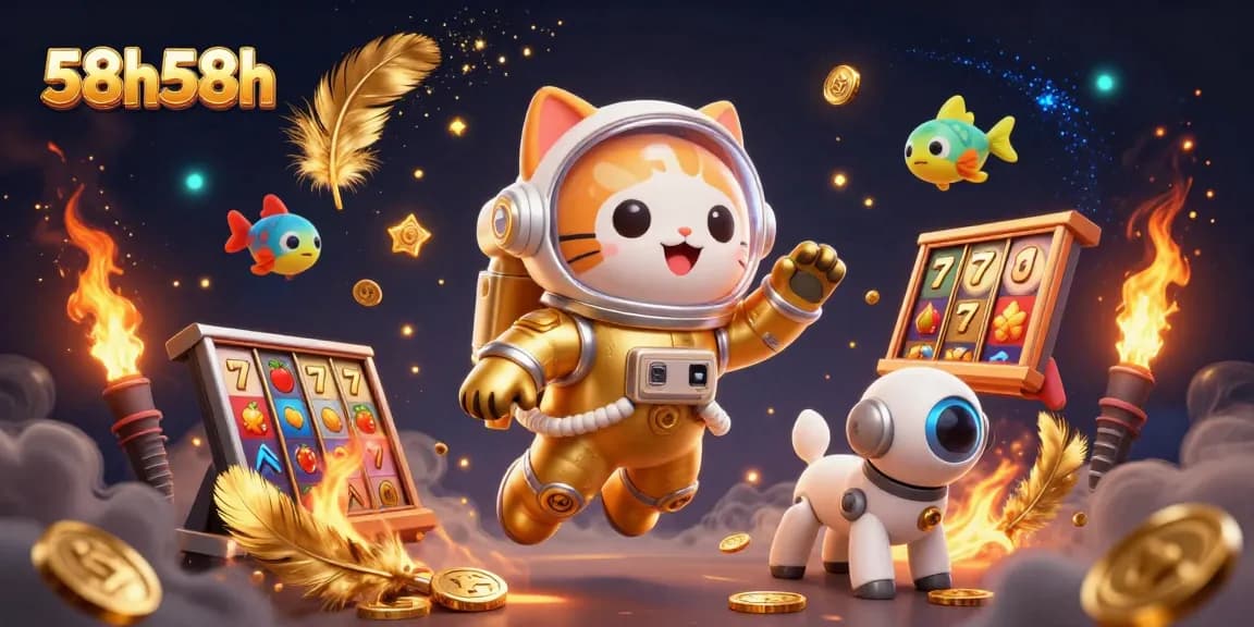 Apostar com 58h58h enquanto um gato astronauta flutua em um cassino futurista cheio de emoção.