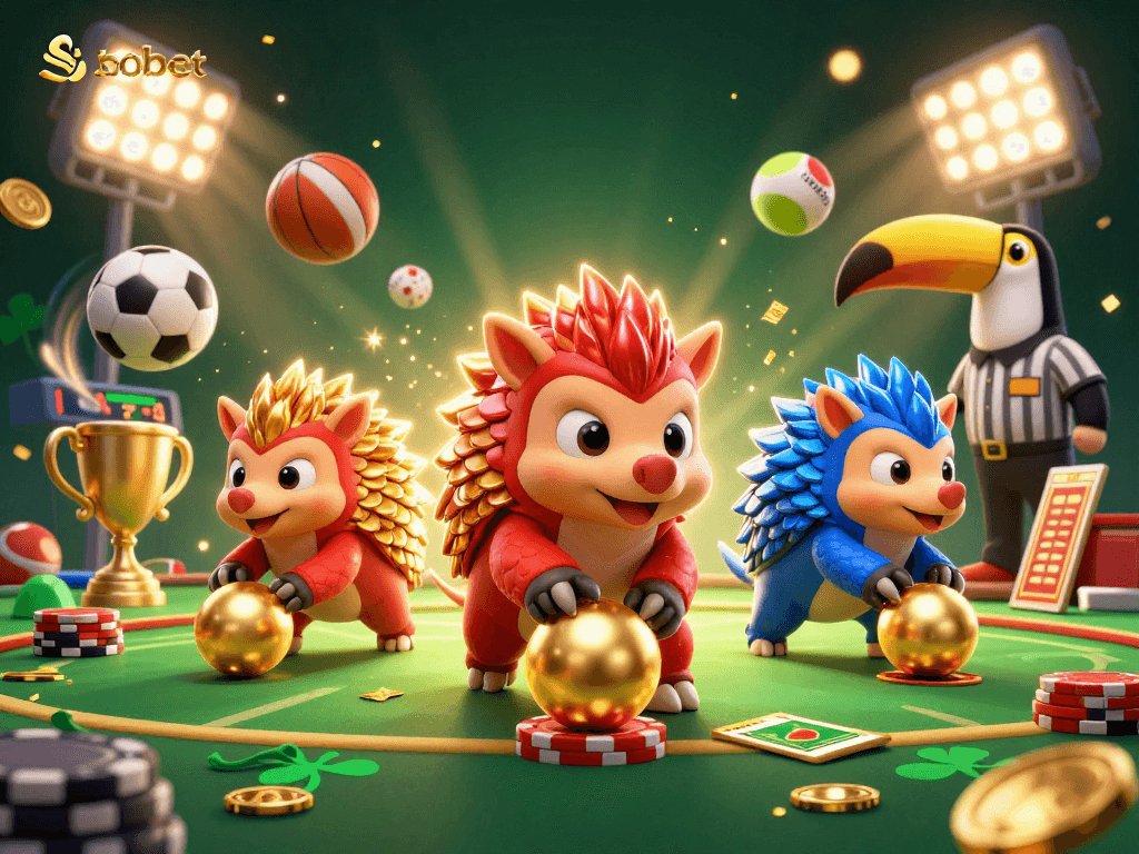 Experience sbobet sports action with rival pangolins rolling into golden balls among vibrant casino elements.