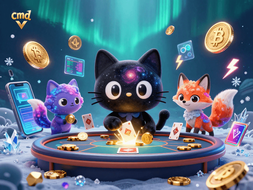 Experience cmd gambling action with a cosmic cat and nebula fox in a vibrant casino scene.