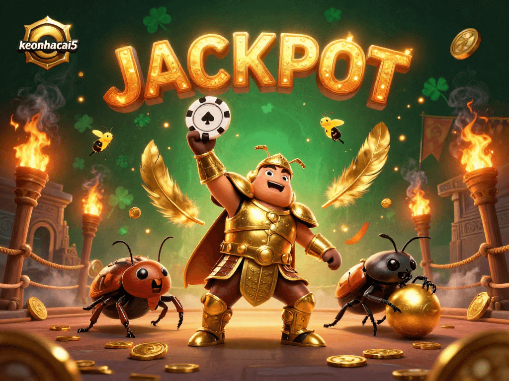 Engage with keonhacai5 as a victorious beetle lifts a poker chip over a dynamic gaming arena.