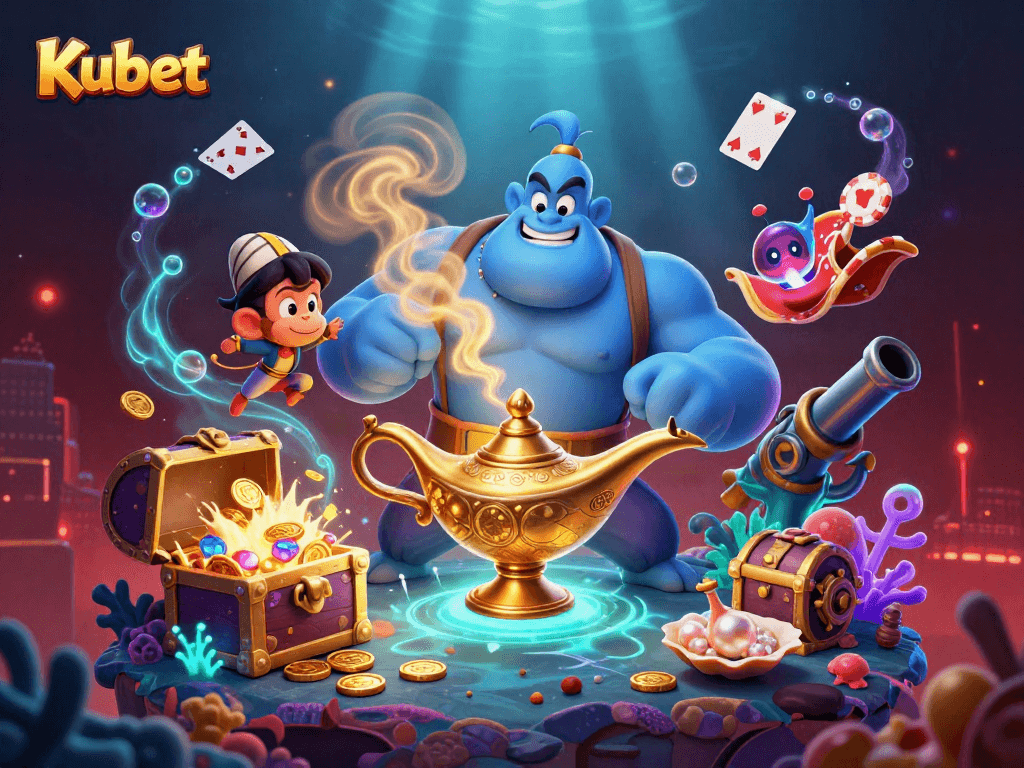 Kubet gaming excitement with a powerful genie, poker chips, and treasures in a vibrant casino scene.