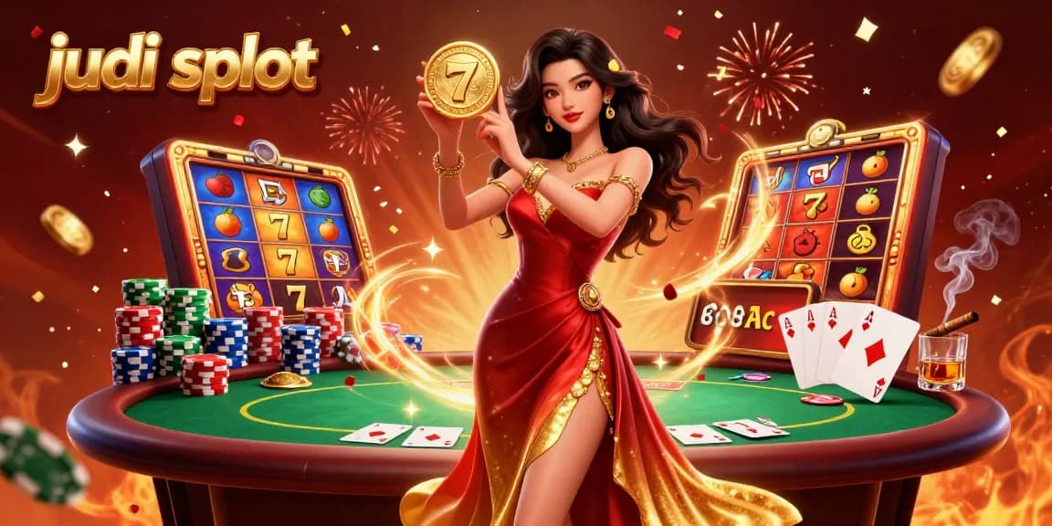 Experience the thrill of judi slot with a stunning illustration of a winning moment amidst coins and vibrant slot reels.