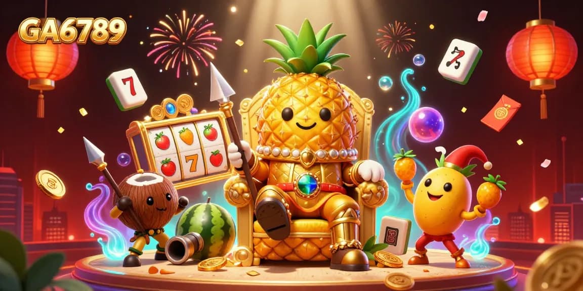 Experience the vibrant GA6789 casino scene with a golden pineapple king and lively characters.