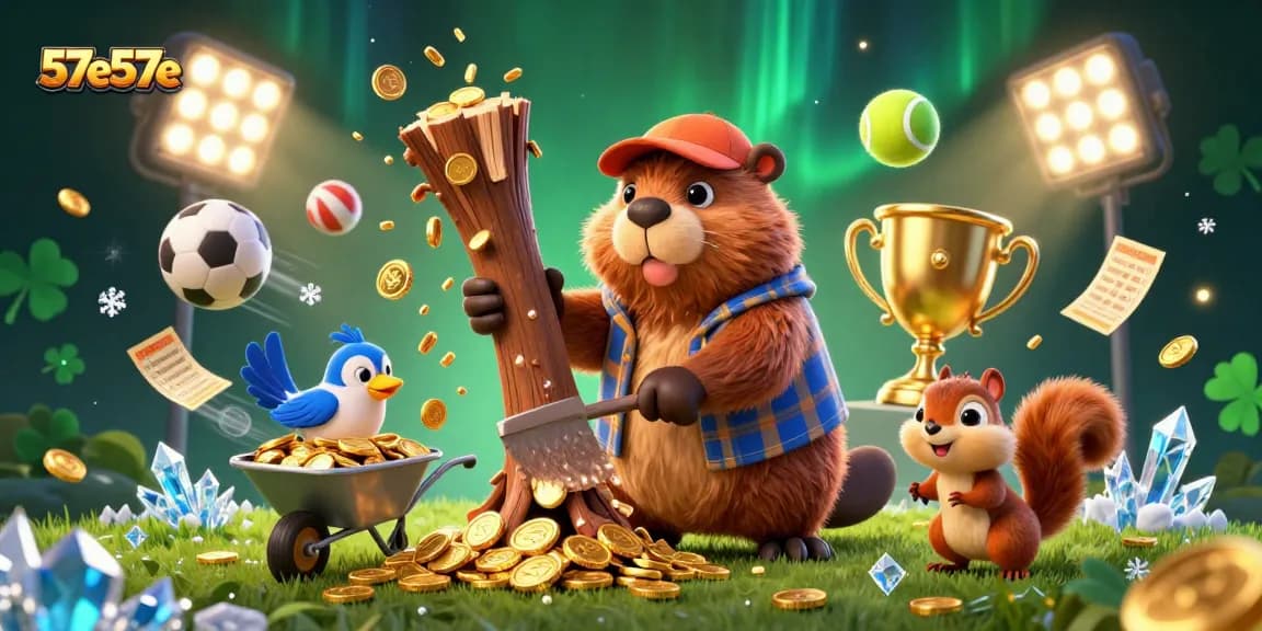 Engage with the thrilling world of 57e57e sports betting, featuring an animated lumberjack beaver collecting golden coins.