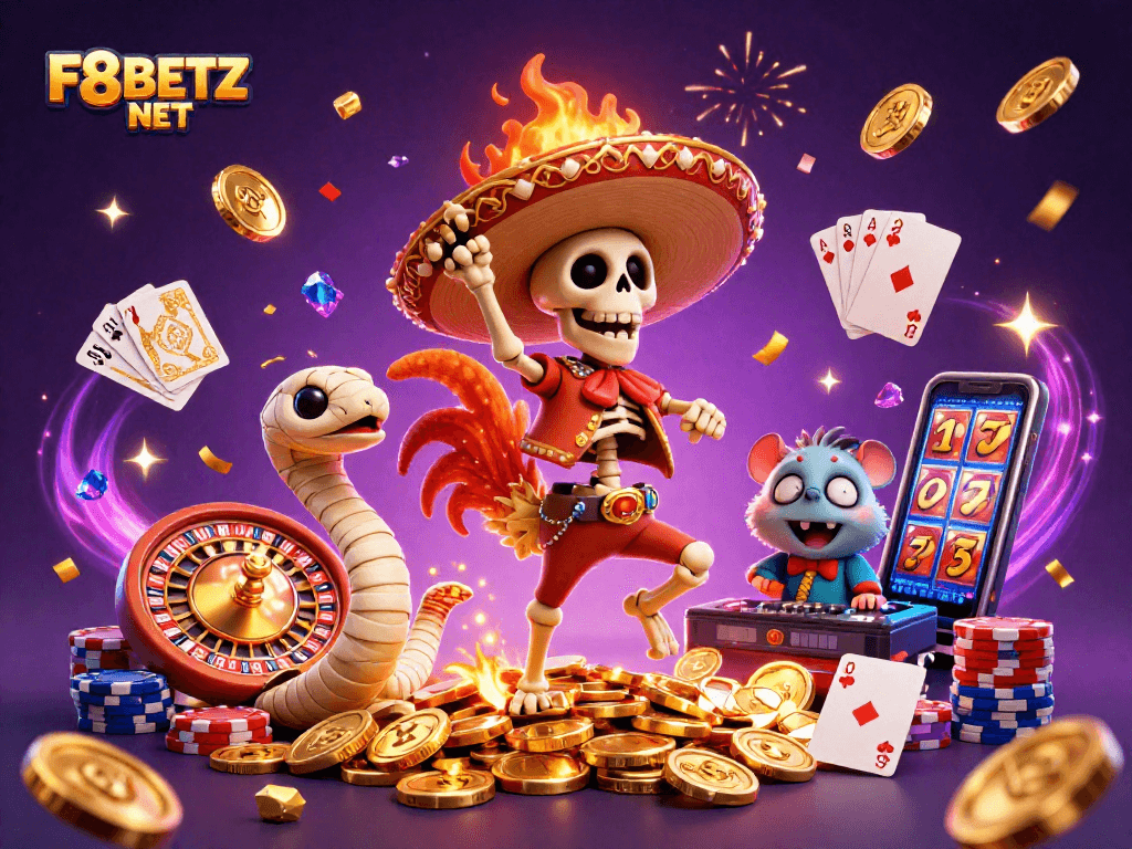 F8BETZ NET showcases a lively casino scene with a playful rooster, mummy snake, and DJ hamster celebrating over golden coins.