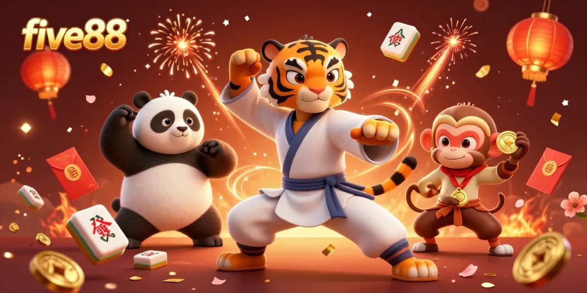 Experience excitement and rewards with five88 as a kung fu tiger master celebrates triumph, surrounded by festive casino elements.