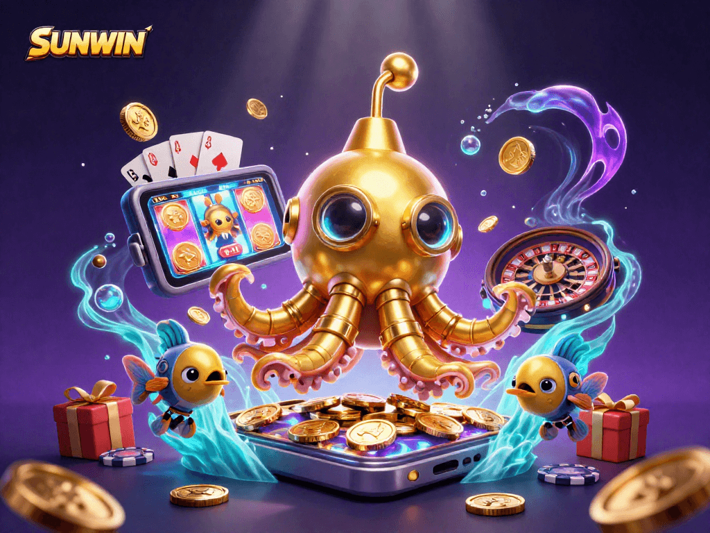 SUNWIN uncovers exciting gaming adventures with a vibrant kraken submarine amidst golden coins and dynamic slot games.