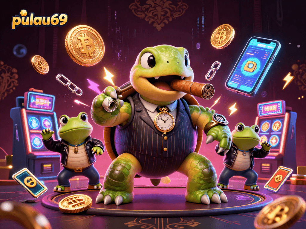 Pulau69 captivates players with a vibrant casino scene featuring a mobster turtle and frog enforcers.
