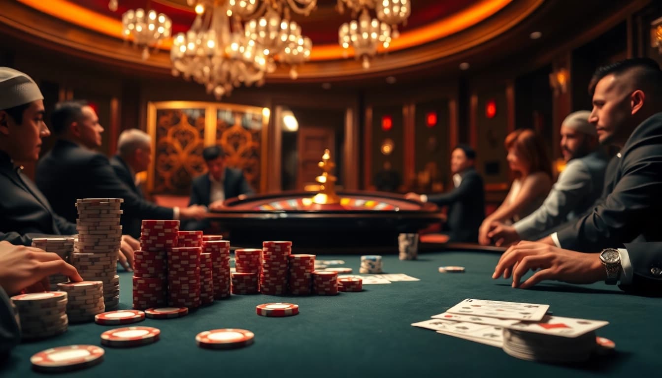 Engage in high-stakes poker at a luxurious kpi4d casino table with vibrant chips and cards.