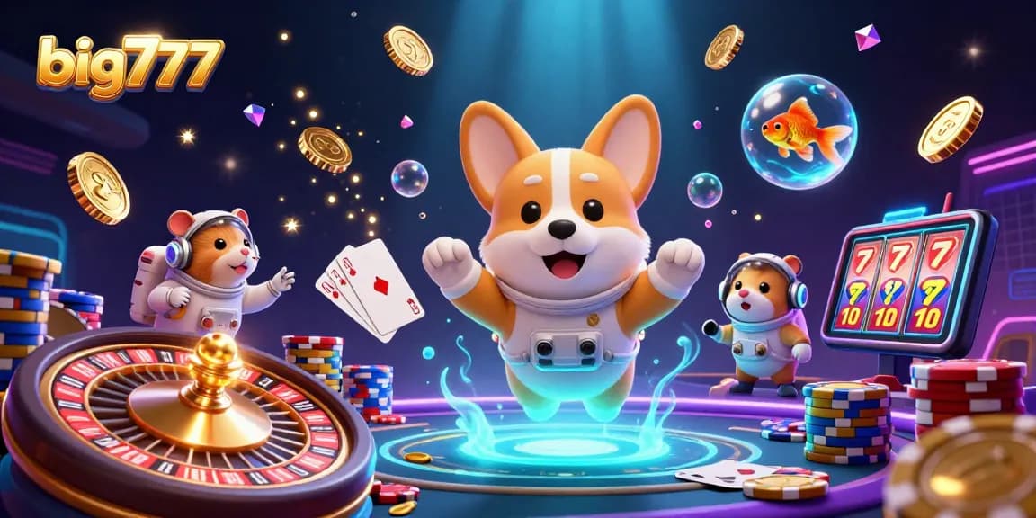Experience big777 excitement with a corgi astronaut in a floating casino scene filled with coins.