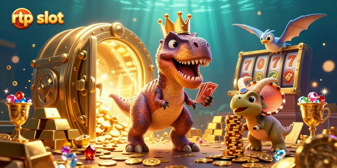 Engage with the exciting rtp slot adventure featuring a T-Rex shuffling cards and a baby triceratops stacking chips.