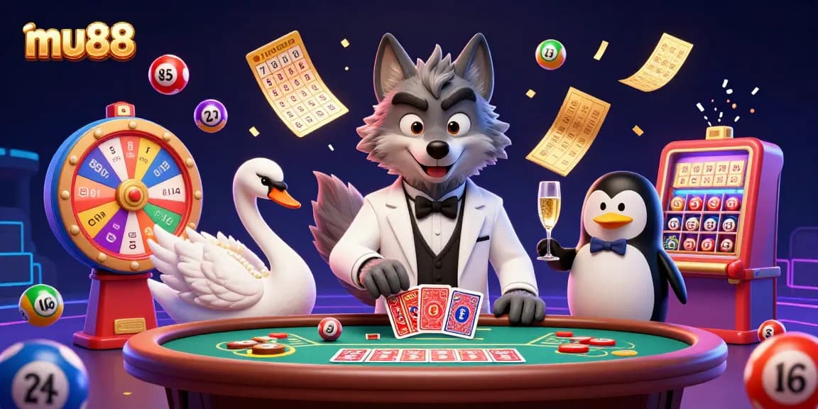 Engage with mu88's vibrant casino scene featuring a stylish wolf, elegant swan, and classy penguin.