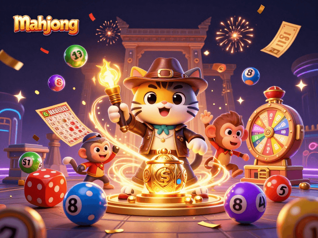 Experience the thrill of mahjong with an archaeologist cat exploring a casino treasure.