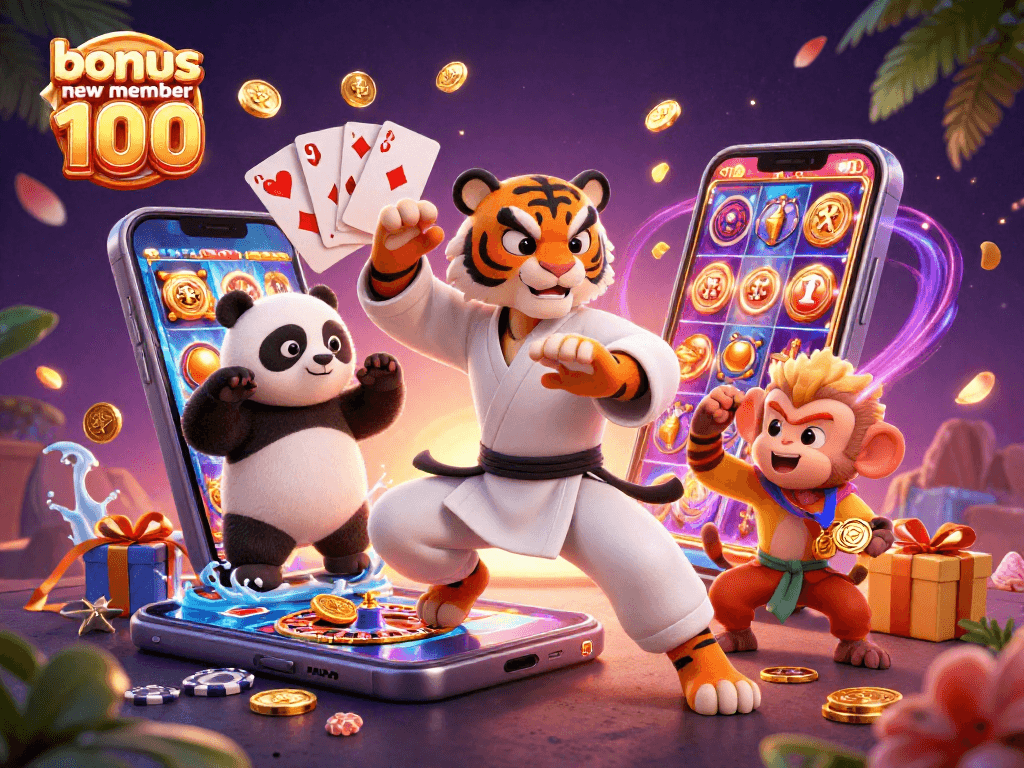 Experience the excitement of bonus new member 100 with a colorful slot game and casino elements in a vibrant 3D illustration.