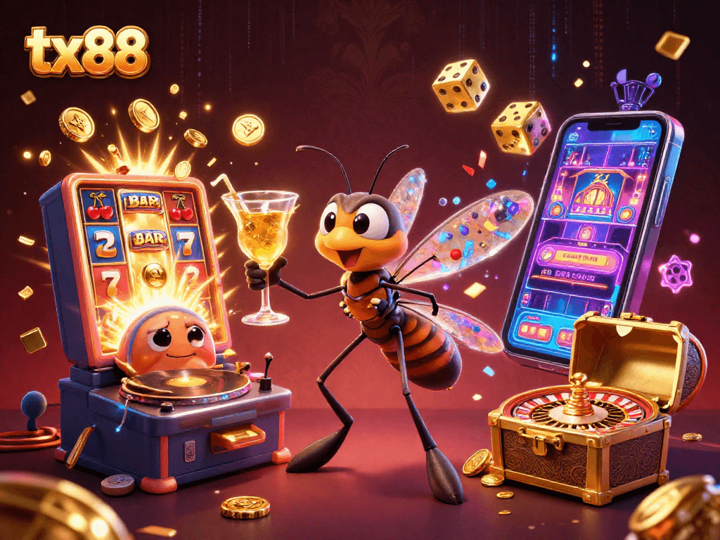 Experience tx88 gaming with a vibrant 3D illustration featuring fun casino characters and excitement.
