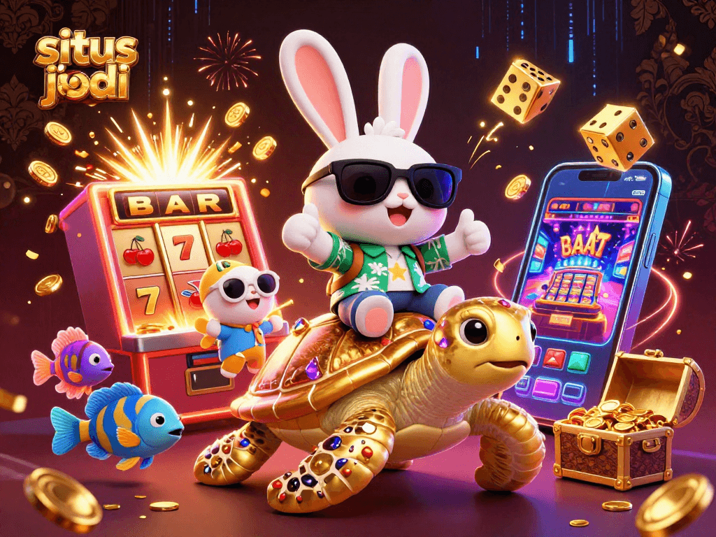 Experience situs judi bola with interactive fun, featuring lucky rabbit, golden turtle, and vibrant casino elements.