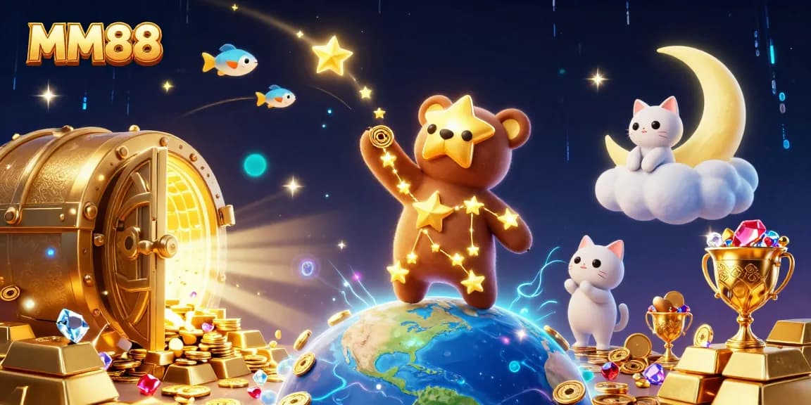 Experience the magic of MM88 with sparkling treasures and 3D characters in an exciting digital casino world.