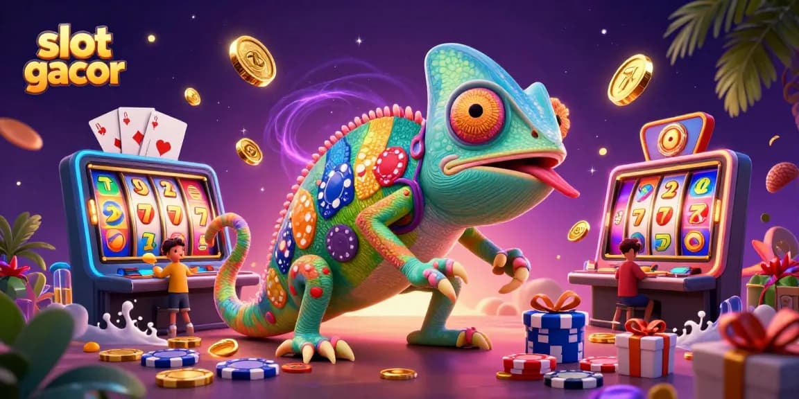 Engage with slot gacor through a colorful 3D chameleon casino owner amid vivid gaming elements.