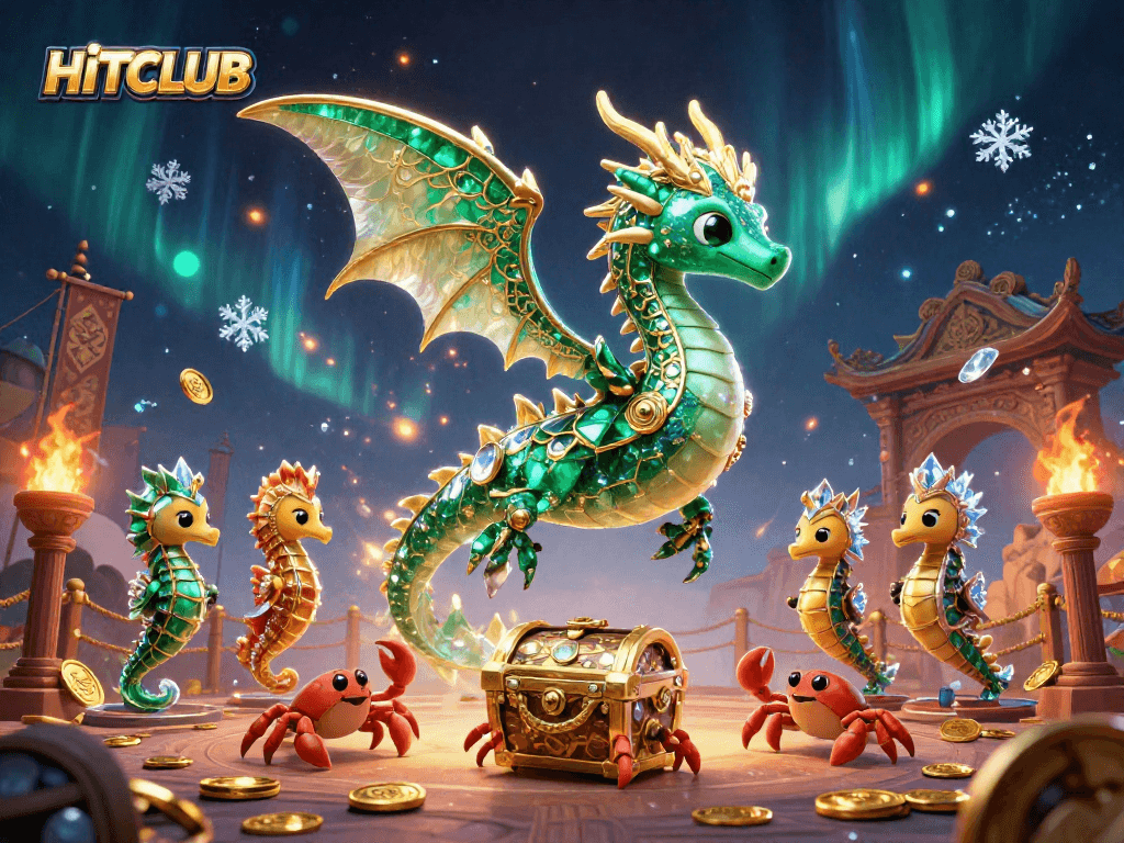 Experience top-tier gaming with HITCLUB as a luxurious sea dragon and treasure chest lead a vibrant underwater adventure.