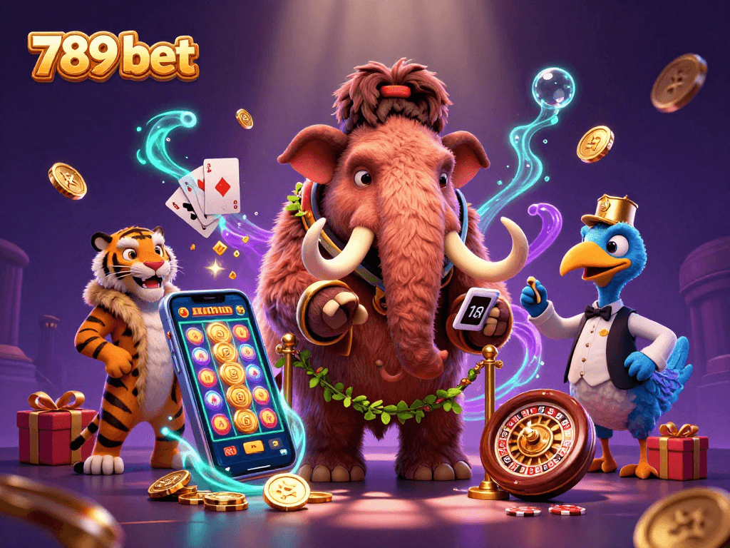 Engage with 789 bet as a woolly mammoth checks IDs at a casino entrance with vibrant gaming elements.