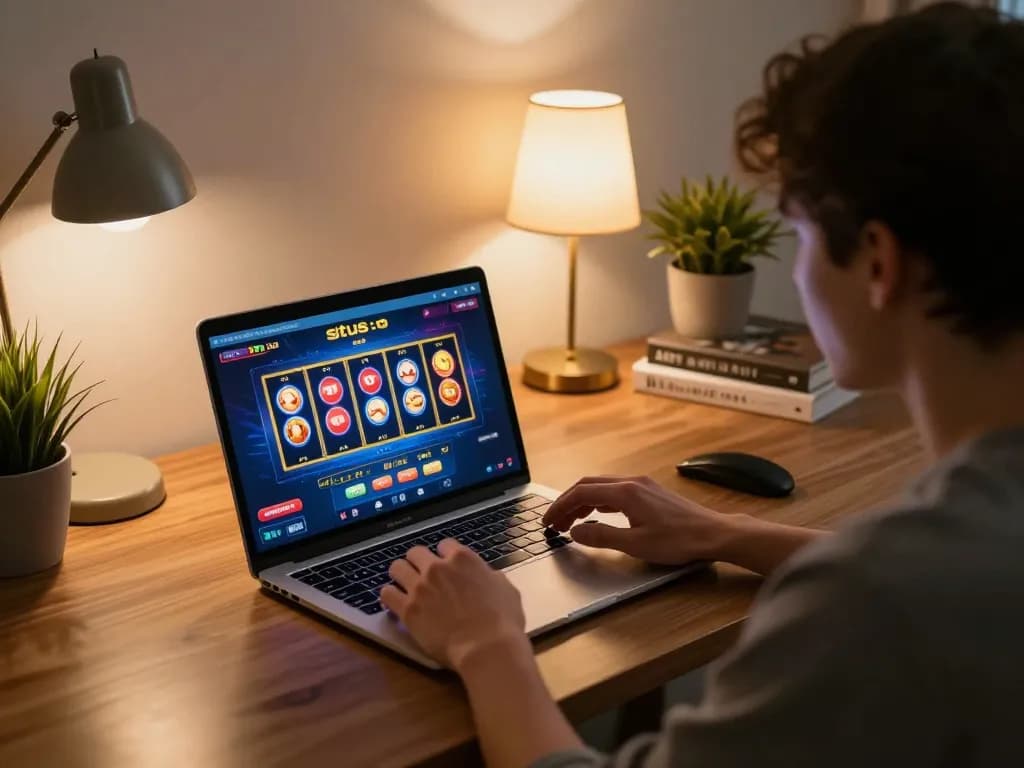 Engaging with situs slot through an online casino interface in a cozy, well-decorated home.