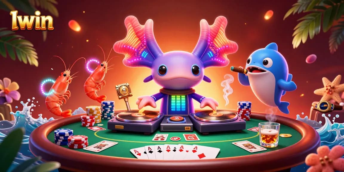 Iwin casino scene featuring vibrant axolotl DJ and poker elements for an engaging gaming experience