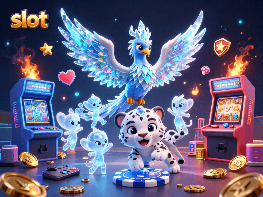 Spin the slot reels with an enchanting ice phoenix, showcasing unique gaming elements in a dazzling scene.