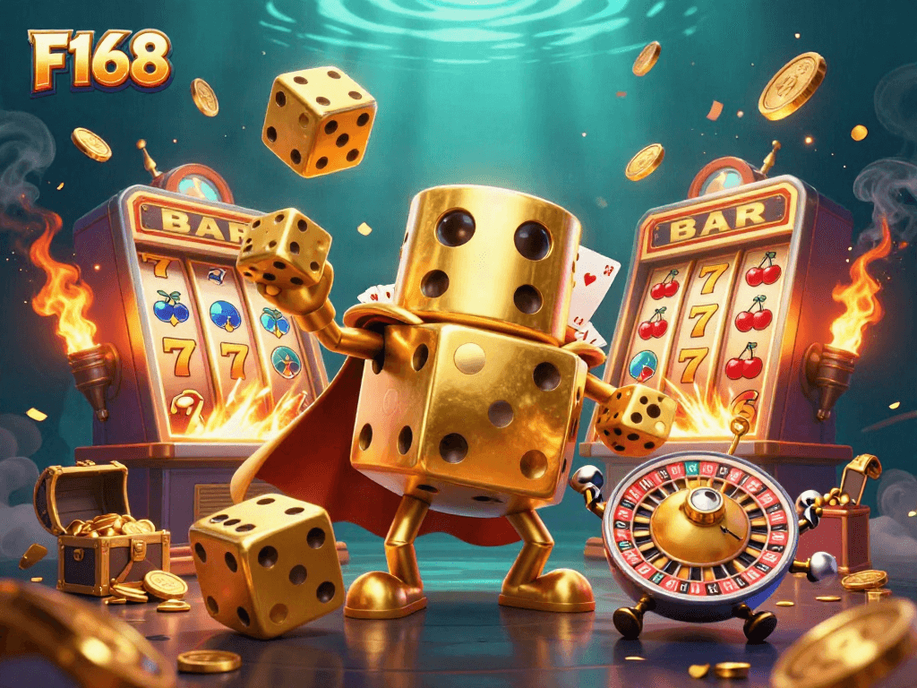 F168 showcases a dynamic 3D casino scene featuring a golden dice golem and jackpot elements.