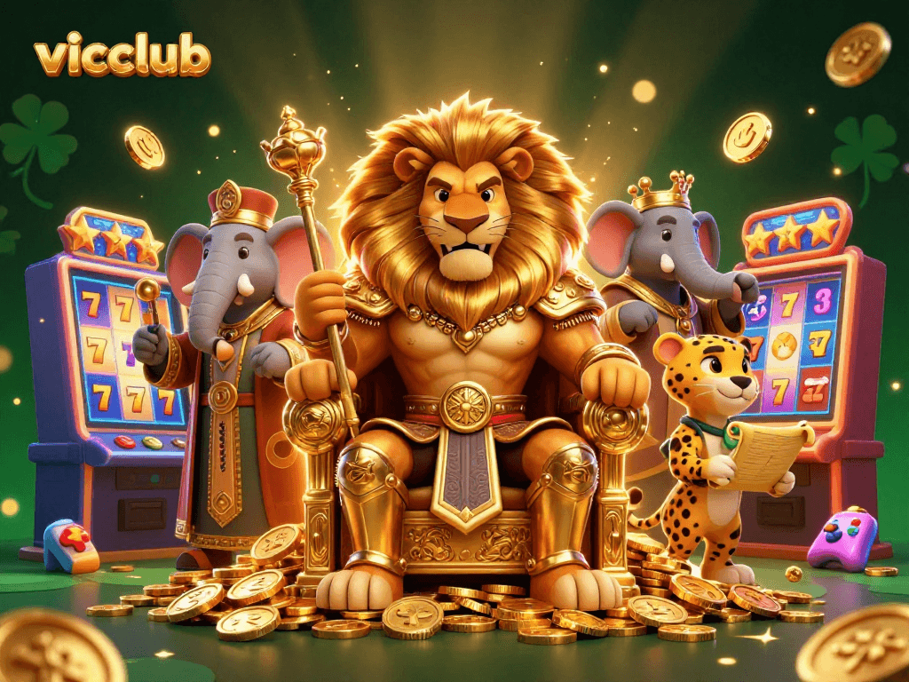 Engage with vicclub's exhilarating gaming experience featuring vibrant arcade elements and a majestic lion king.