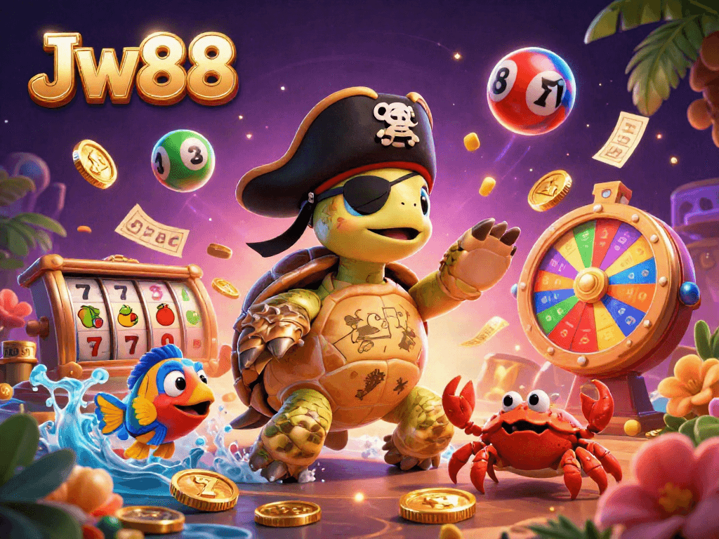 Engage in thrilling gaming experiences with Jw88 as vibrant lottery balls, slot reels, and cheerful characters create an exciting atmosphere.